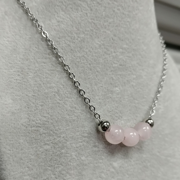 Rose Quartz Three Bead Necklace Natural Gemstone Crystal Stainless-Steel Chain - Picture 4 of 12